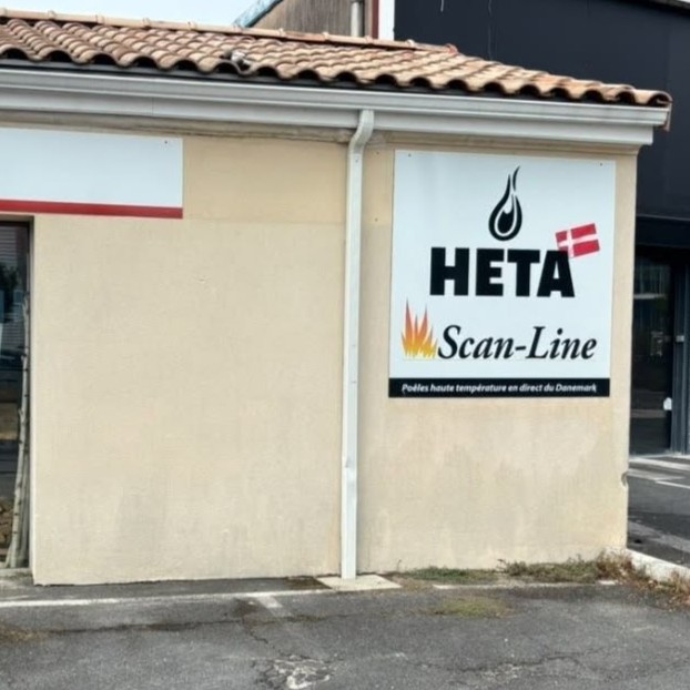 Enseigne partenaire distributeur poêles à bois et granulés Heta Scan-Line en Gironde